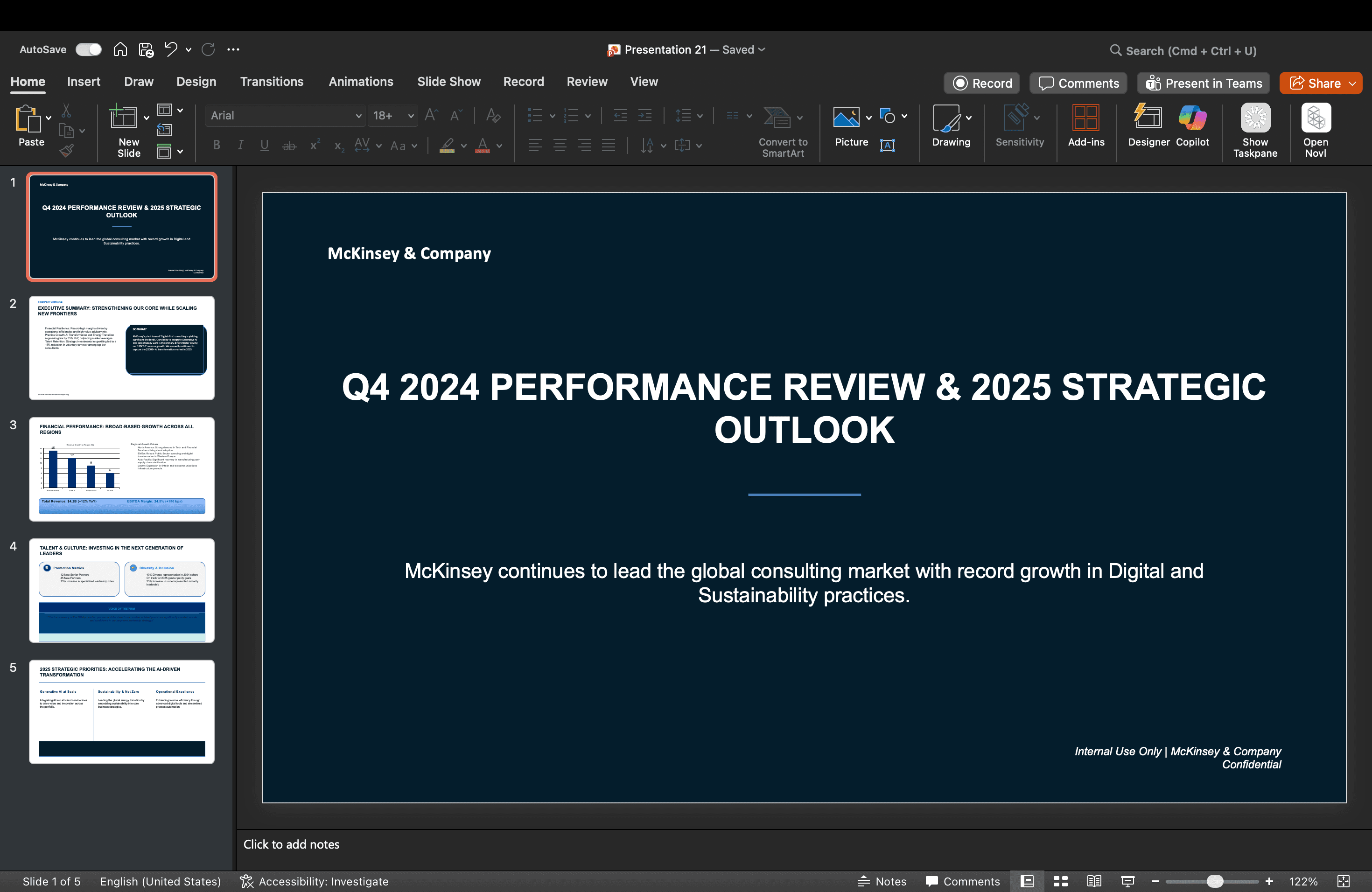 McKinsey & Company PowerPoint presentation showing Q4 2024 Performance Review